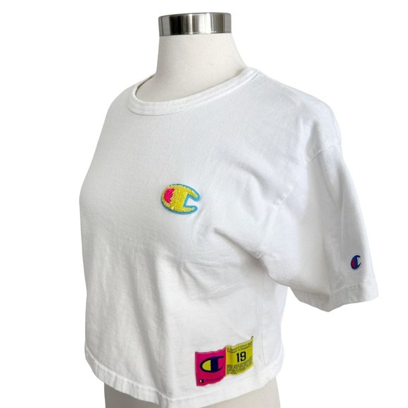 Champion Small Thick White Cotton Cropped Neon Logo Basic T-Shirt - Picture 5 of 8